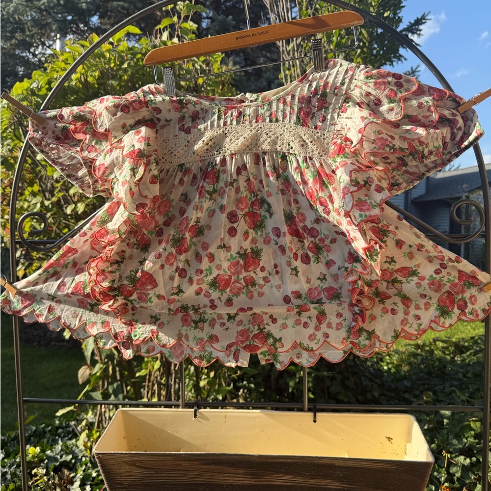 LoveShackFancy Strawberry puff sleeve scalloped Nelson top - Picture 5 of 7